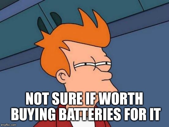 Futurama Fry Meme | NOT SURE IF WORTH BUYING BATTERIES FOR IT | image tagged in memes,futurama fry | made w/ Imgflip meme maker