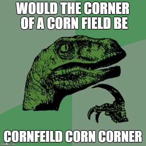 Philosoraptor Meme | WOULD THE CORNER OF A CORN FIELD BE CORNFEILD CORN CORNER | image tagged in memes,philosoraptor | made w/ Imgflip meme maker