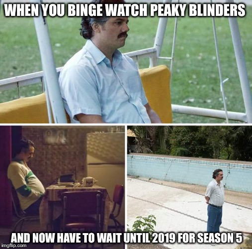 Sad Pablo Escobar | WHEN YOU BINGE WATCH PEAKY BLINDERS; AND NOW HAVE TO WAIT UNTIL 2019 FOR SEASON 5 | image tagged in sad pablo escobar | made w/ Imgflip meme maker