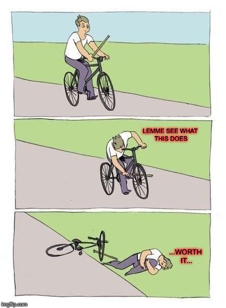 Bike Fall Meme | LEMME SEE WHAT THIS DOES; ...WORTH IT... | image tagged in bicycle,worth it,i would probably do this,yes i am that stupid | made w/ Imgflip meme maker