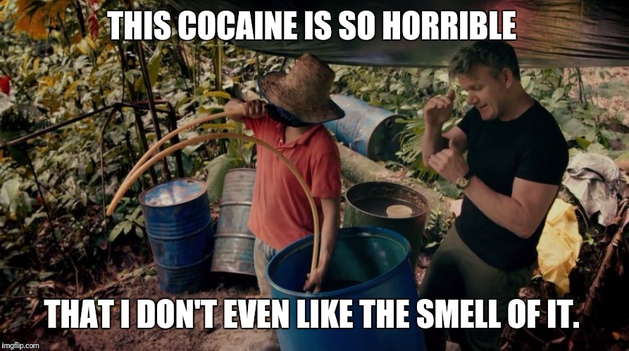 He was so much more relaxed in the jungle...  | THIS COCAINE IS SO HORRIBLE; THAT I DON'T EVEN LIKE THE SMELL OF IT. | image tagged in gordon ramsey cocaine | made w/ Imgflip meme maker