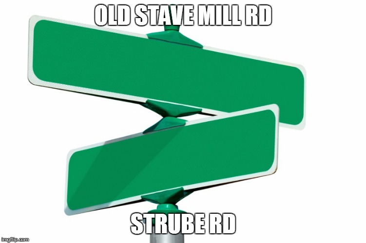 Blank Street Signs | OLD STAVE MILL RD; STRUBE RD | image tagged in blank street signs | made w/ Imgflip meme maker