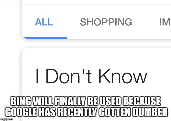 Useless google | BING WILL FINALLY BE USED BECAUSE GOOGLE HAS RECENTLY GOTTEN DUMBER | image tagged in memes | made w/ Imgflip meme maker