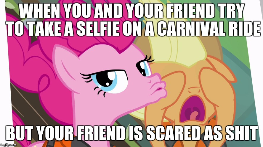 Thankfully I don't have friends like those! (unless I'm that friend) | WHEN YOU AND YOUR FRIEND TRY TO TAKE A SELFIE ON A CARNIVAL RIDE; BUT YOUR FRIEND IS SCARED AS SHIT | image tagged in memes,my little pony,carnival | made w/ Imgflip meme maker