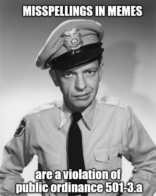 Barney Fife | MISSPELLINGS IN MEMES; are a violation of public ordinance 501-3.a | image tagged in barney fife | made w/ Imgflip meme maker