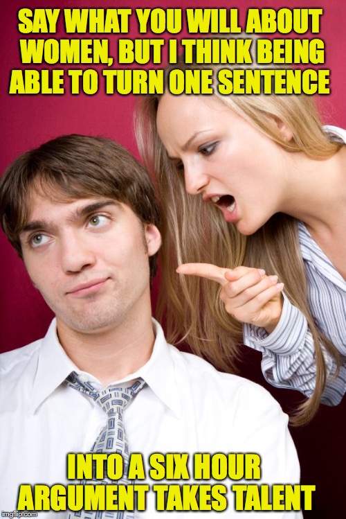nagging wife | SAY WHAT YOU WILL ABOUT WOMEN, BUT I THINK BEING ABLE TO TURN ONE SENTENCE; INTO A SIX HOUR ARGUMENT TAKES TALENT | image tagged in nagging wife | made w/ Imgflip meme maker
