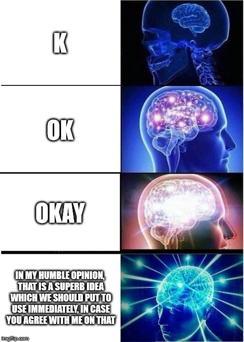 Expanding Brain Meme | K; OK; OKAY; IN MY HUMBLE OPINION, THAT IS A SUPERB IDEA WHICH WE SHOULD PUT TO USE IMMEDIATELY, IN CASE YOU AGREE WITH ME ON THAT | image tagged in memes,expanding brain | made w/ Imgflip meme maker