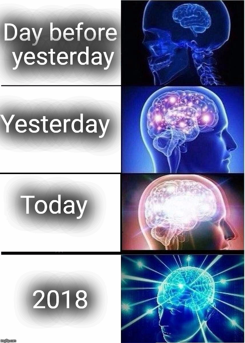Happy New Year! | Day before yesterday; Yesterday; Today; 2018 | image tagged in memes,expanding brain | made w/ Imgflip meme maker