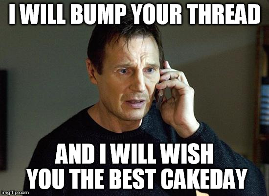 Liam Neeson Taken 2 Meme | I WILL BUMP YOUR THREAD; AND I WILL WISH YOU THE BEST CAKEDAY | image tagged in memes,liam neeson taken 2 | made w/ Imgflip meme maker