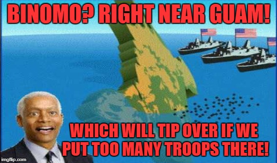 BINOMO? RIGHT NEAR GUAM! WHICH WILL TIP OVER IF WE PUT TOO MANY TROOPS THERE! | made w/ Imgflip meme maker