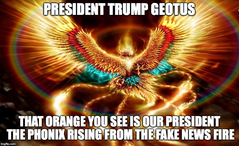 President Trump | PRESIDENT TRUMP GEOTUS; THAT ORANGE YOU SEE IS OUR PRESIDENT THE PHONIX RISING FROM THE FAKE NEWS FIRE | image tagged in president trump,fake news,orange trump | made w/ Imgflip meme maker