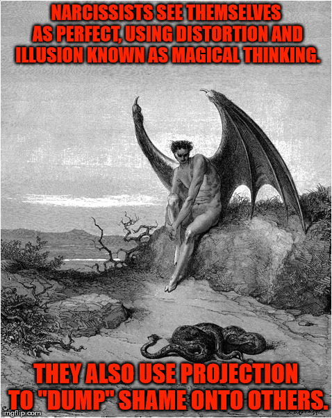NARCISSISTS SEE THEMSELVES AS PERFECT, USING DISTORTION AND ILLUSION KNOWN AS MAGICAL THINKING. THEY ALSO USE PROJECTION TO "DUMP" SHAME ONTO OTHERS. | made w/ Imgflip meme maker