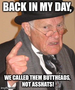When I was a kid, this was how we said it! | BACK IN MY DAY, WE CALLED THEM BUTTHEADS, NOT ASSHATS! | image tagged in memes,back in my day,asshat,butthead | made w/ Imgflip meme maker
