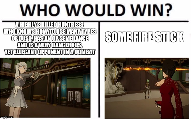 Rwby weiss impaled meme | A HIGHLY SKILLED HUNTRESS WHO KNOWS HOW TO USE MANY TYPES OF DUST, HAS AN OP SEMBLANCE AND IS A VERY DANGEROUS, YET ELLEGANT OPPONENT IN A COMBAT; SOME FIRE STICK | image tagged in memes,who would win | made w/ Imgflip meme maker