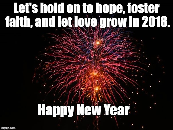 Let's hold on to hope, foster faith, and let love grow in 2018. Happy New Year | image tagged in new years | made w/ Imgflip meme maker
