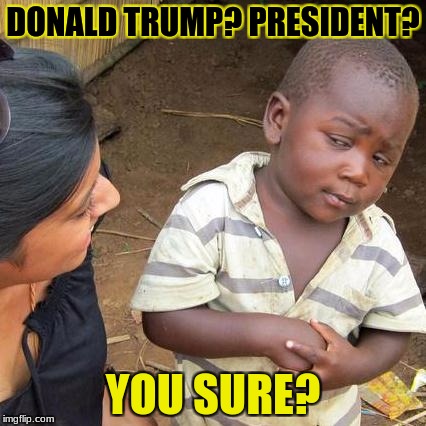 Third World Skeptical Kid | DONALD TRUMP? PRESIDENT? YOU SURE? | image tagged in memes,third world skeptical kid | made w/ Imgflip meme maker