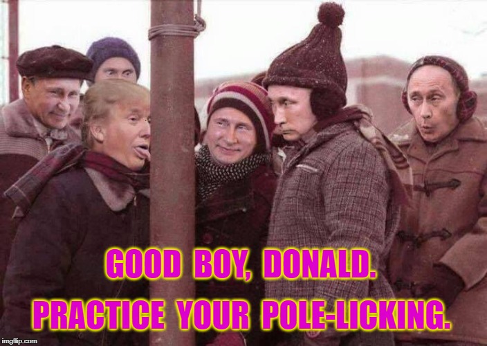 Putin's Pole-Licker | GOOD  BOY,  DONALD. PRACTICE  YOUR  POLE-LICKING. | image tagged in trump,russia,trump russia,putin | made w/ Imgflip meme maker