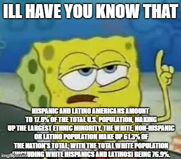 Scientific spongebob | ILL HAVE YOU KNOW THAT; HISPANIC AND LATINO AMERICANS AMOUNT TO 17.8% OF THE TOTAL U.S. POPULATION, MAKING UP THE LARGEST ETHNIC MINORITY. THE WHITE, NON-HISPANIC OR LATINO POPULATION MAKE UP 61.3% OF THE NATION'S TOTAL, WITH THE TOTAL WHITE POPULATION (INCLUDING WHITE HISPANICS AND LATINOS) BEING 76.9%. | image tagged in memes,ill have you know spongebob | made w/ Imgflip meme maker