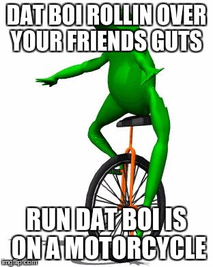 Dat Boi Meme | DAT BOI ROLLIN OVER YOUR FRIENDS GUTS; RUN DAT BOI IS ON A MOTORCYCLE | image tagged in memes,dat boi | made w/ Imgflip meme maker
