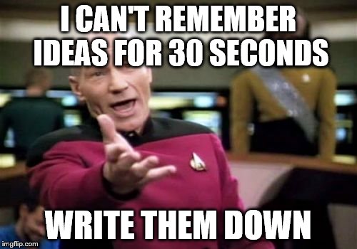 Picard Wtf Meme | I CAN'T REMEMBER IDEAS FOR 30 SECONDS WRITE THEM DOWN | image tagged in memes,picard wtf | made w/ Imgflip meme maker