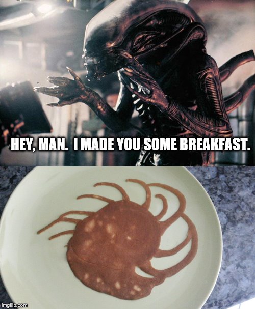 Dangerously Delicious | HEY, MAN.  I MADE YOU SOME BREAKFAST. | image tagged in xenomorph,facehugger,pancake,breakfast | made w/ Imgflip meme maker