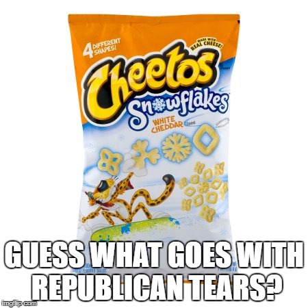 GUESS WHAT GOES WITH REPUBLICAN TEARS? | image tagged in cheeto | made w/ Imgflip meme maker