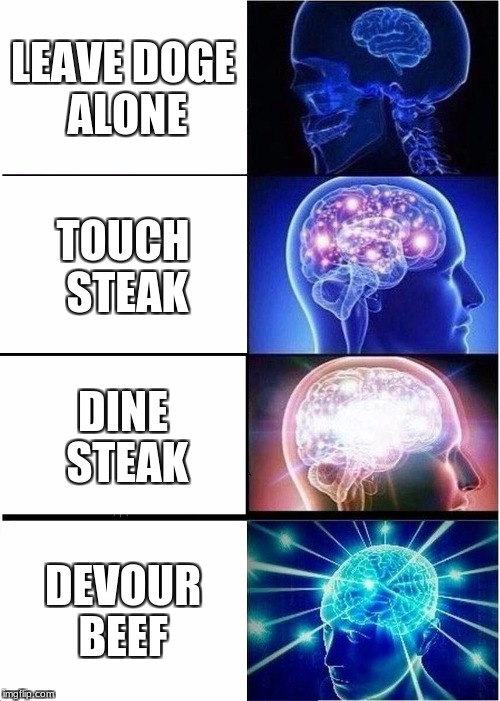 Expanding Brain Meme | LEAVE DOGE ALONE TOUCH STEAK DINE STEAK DEVOUR BEEF | image tagged in memes,expanding brain | made w/ Imgflip meme maker