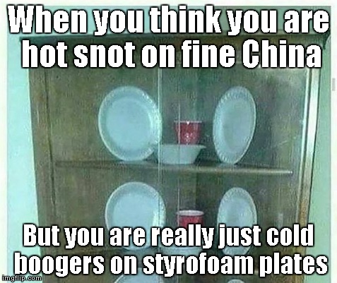 Hot snot VS cold boogers!  Fight! | When you think you are hot snot on fine China; But you are really just cold boogers on styrofoam plates | image tagged in cooking | made w/ Imgflip meme maker