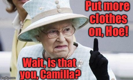 Charlie!  Come get your skank hoe! | Put more clothes on, Hoe! Wait, is that you, Camilla? | image tagged in eww what a mink,queen elizabeth,camilla,more clothes,grossed out | made w/ Imgflip meme maker