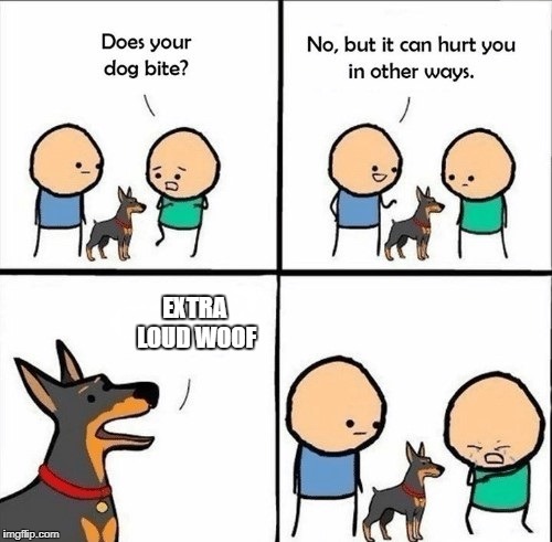 does your dog bite | EXTRA LOUD WOOF | image tagged in does your dog bite | made w/ Imgflip meme maker