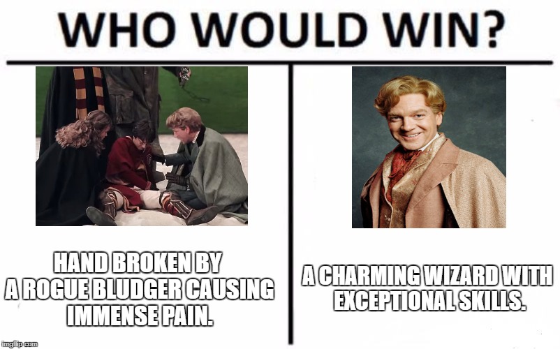 Who Would Win? | HAND BROKEN BY A ROGUE BLUDGER CAUSING IMMENSE PAIN. A CHARMING WIZARD WITH EXCEPTIONAL SKILLS. | image tagged in memes,who would win | made w/ Imgflip meme maker