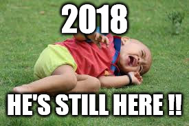 2018; HE'S STILL HERE !! | image tagged in trump,trump still here,2018 trump,toddler tantrum | made w/ Imgflip meme maker
