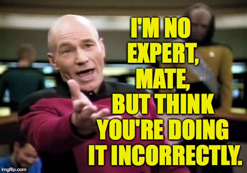 Picard Wtf Meme | I'M NO EXPERT, MATE, BUT THINK YOU'RE DOING IT INCORRECTLY. | image tagged in memes,picard wtf | made w/ Imgflip meme maker