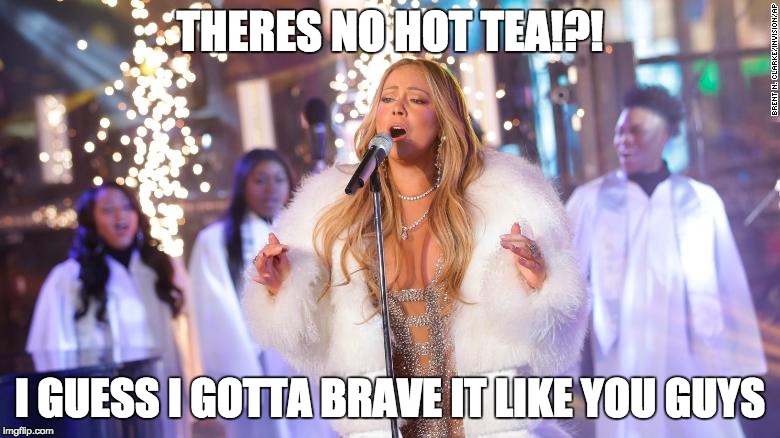 FIRST MEME OF 2018 | THERES NO HOT TEA!?! I GUESS I GOTTA BRAVE IT LIKE YOU GUYS | image tagged in mariah carey,hot tea,nyc,2018,happy new year,memes | made w/ Imgflip meme maker