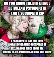 Harley Quinn & The Joker Mad Love  | DO YOU KNOW THE DIFFERENCE BETWEEN A PSYCHOPATH AND A SOCIOPATH IS? A PSYCHOPATH CAN FEEL LOVE AND A SOCIOPATH IS INCAPABLE OF FEELING LOVE SINCE I LOVE MY PUDDIN I AM A PSYCHOPATH NOW YOU KNOW | image tagged in harley quinn  the joker mad love | made w/ Imgflip meme maker