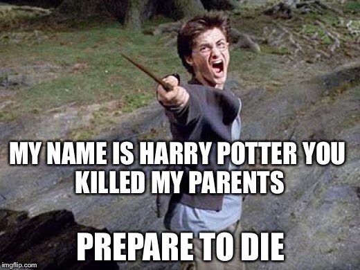 Yelling Harry Potter | MY NAME IS HARRY POTTER
YOU KILLED MY PARENTS; PREPARE TO DIE | image tagged in yelling harry potter | made w/ Imgflip meme maker