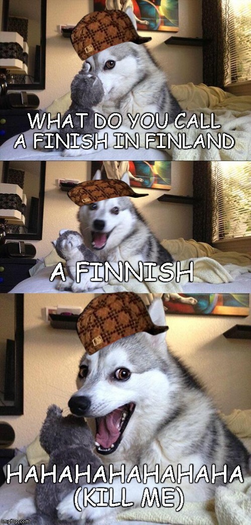 Bad Pun Dog Meme | WHAT DO YOU CALL A FINISH IN FINLAND; A FINNISH; HAHAHAHAHAHAHA (KILL ME) | image tagged in memes,bad pun dog,scumbag | made w/ Imgflip meme maker
