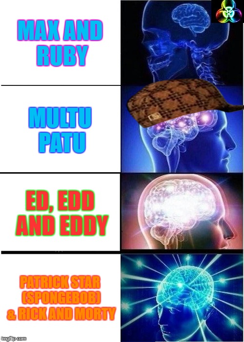 Expanding Brain | MAX AND RUBY; MULTU PATU; ED, EDD AND EDDY; PATRICK STAR (SPONGEBOB) & RICK AND MORTY | image tagged in memes,expanding brain,scumbag | made w/ Imgflip meme maker