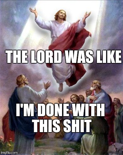 Jesus rises | THE LORD WAS LIKE; I'M DONE WITH THIS SHIT | image tagged in jesus rises | made w/ Imgflip meme maker
