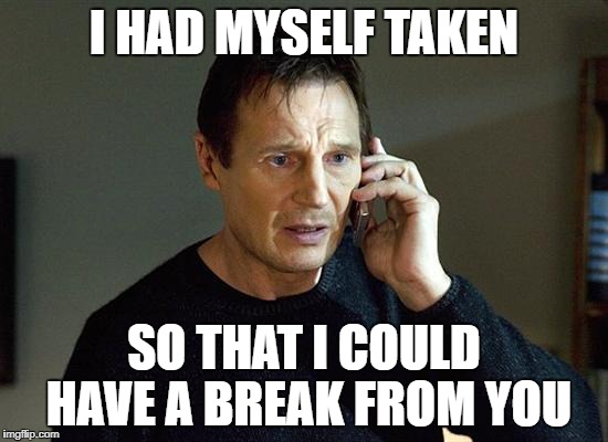 I HAD MYSELF TAKEN SO THAT I COULD HAVE A BREAK FROM YOU | made w/ Imgflip meme maker