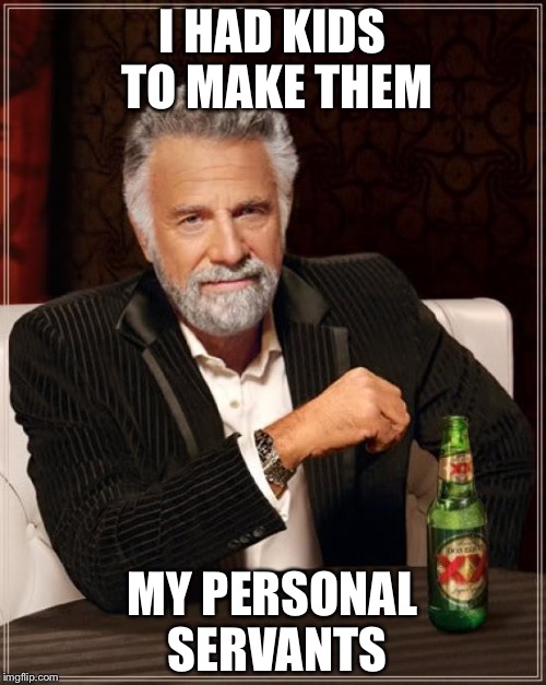 The Most Interesting Man In The World Meme | I HAD KIDS TO MAKE THEM; MY PERSONAL SERVANTS | image tagged in memes,the most interesting man in the world | made w/ Imgflip meme maker
