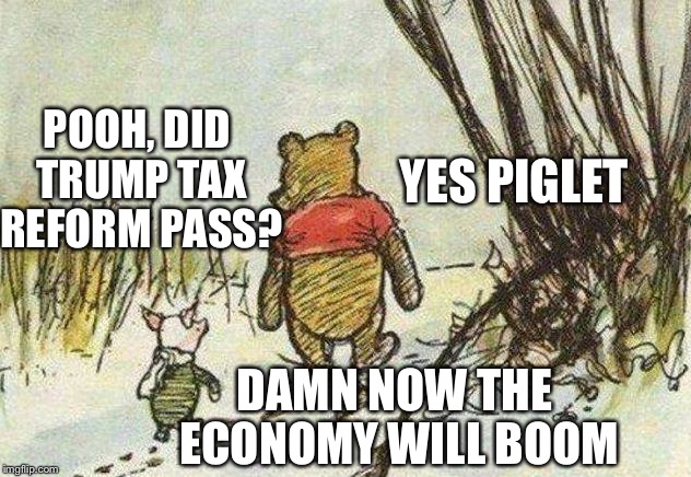 Democrats be like | POOH, DID TRUMP TAX REFORM PASS? YES PIGLET; DAMN NOW THE ECONOMY WILL BOOM | image tagged in pooh piglet,donald trump,tax reform,memes | made w/ Imgflip meme maker