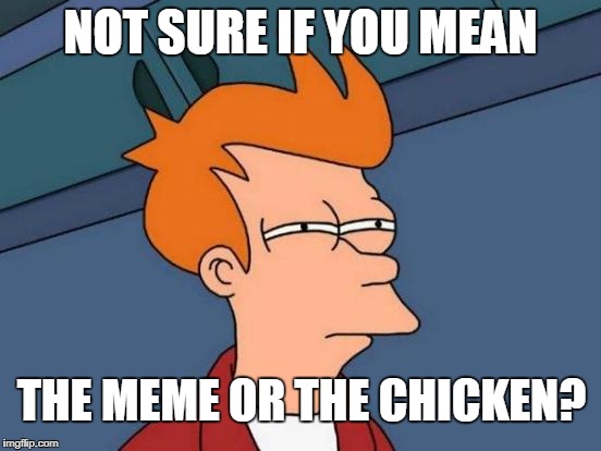 Futurama Fry Meme | NOT SURE IF YOU MEAN THE MEME OR THE CHICKEN? | image tagged in memes,futurama fry | made w/ Imgflip meme maker
