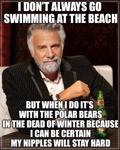 The Most Interesting Man In The World Meme | I DON’T ALWAYS GO SWIMMING AT THE BEACH; BUT WHEN I DO IT’S WITH THE POLAR BEARS IN THE DEAD OF WINTER BECAUSE I CAN BE CERTAIN MY NIPPLES WILL STAY HARD | image tagged in memes,the most interesting man in the world | made w/ Imgflip meme maker