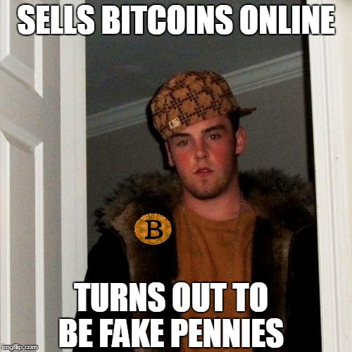 Saw a guy online telling everyone you can make money investing in bitcoins i wasn't falling for that scheme  | SELLS BITCOINS ONLINE; TURNS OUT TO BE FAKE PENNIES | image tagged in memes,scumbag steve,bitcoin,scam | made w/ Imgflip meme maker