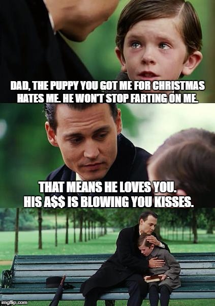 Finding Neverland Meme | DAD, THE PUPPY YOU GOT ME FOR CHRISTMAS HATES ME. HE WON'T STOP FARTING ON ME. THAT MEANS HE LOVES YOU. HIS A$$ IS BLOWING YOU KISSES. | image tagged in memes,finding neverland | made w/ Imgflip meme maker