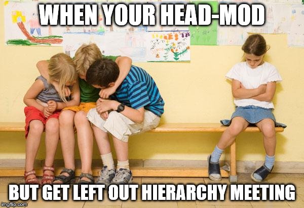 left out | WHEN YOUR HEAD-MOD; BUT GET LEFT OUT HIERARCHY MEETING | image tagged in left out | made w/ Imgflip meme maker