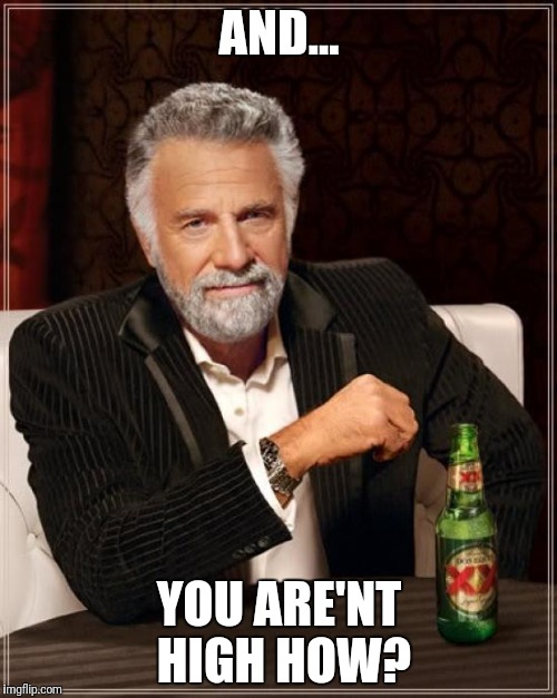 The Most Interesting Man In The World | AND... YOU ARE'NT HIGH HOW? | image tagged in memes,the most interesting man in the world | made w/ Imgflip meme maker