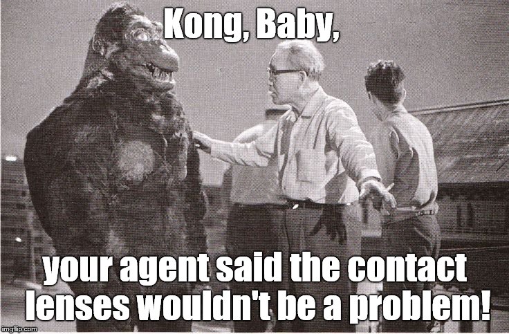 Kong with Director | Kong, Baby, your agent said the contact lenses wouldn't be a problem! | image tagged in kong with director | made w/ Imgflip meme maker