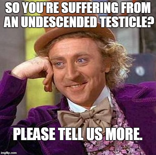 Creepy Condescending Wonka Meme | SO YOU'RE SUFFERING FROM AN UNDESCENDED TESTICLE? PLEASE TELL US MORE. | image tagged in memes,creepy condescending wonka | made w/ Imgflip meme maker